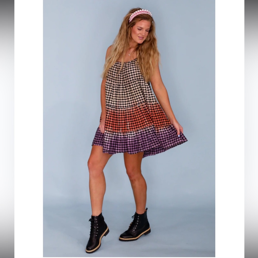 STORIA Teired dress plaid‎ purple, orange, black! NWT size medium